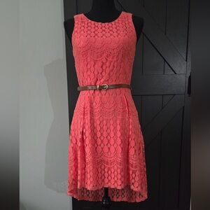 JESSICA HOWARD A-Line Floral Lace Scoop Neck Belted Sleeveless Lined Coral Dress